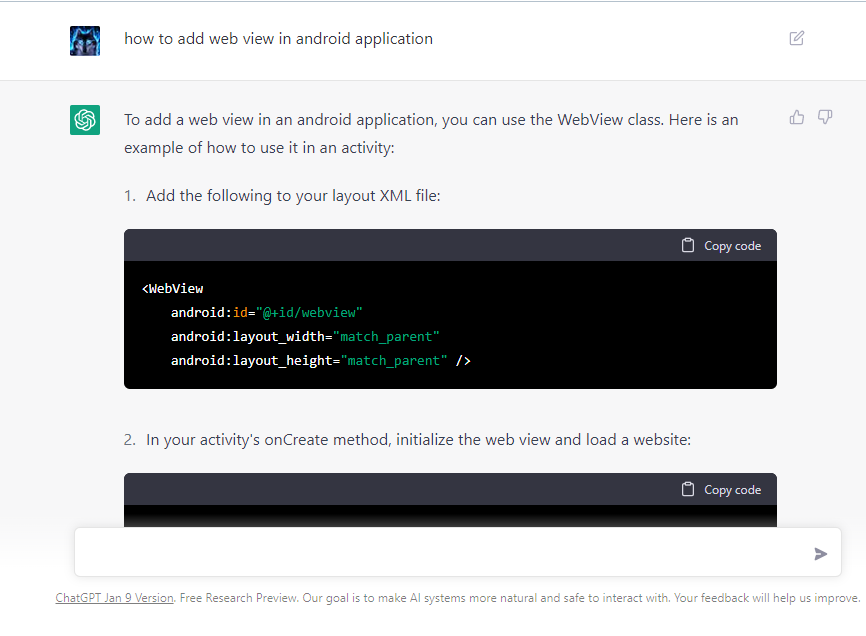 chat gpt write code about how create web view app in android studio