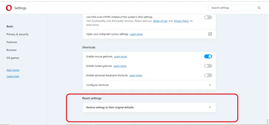 opera reset settings