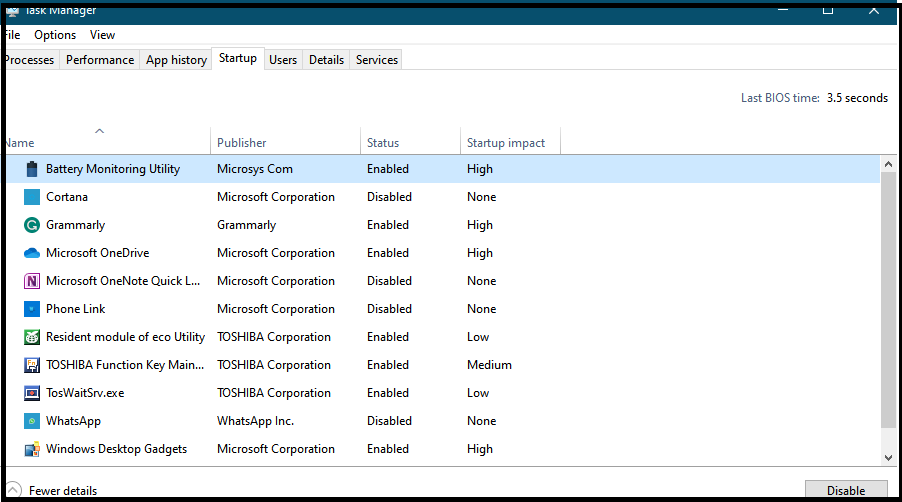 Select the startup programs