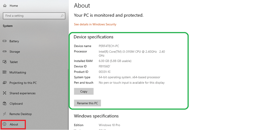 Windows settings