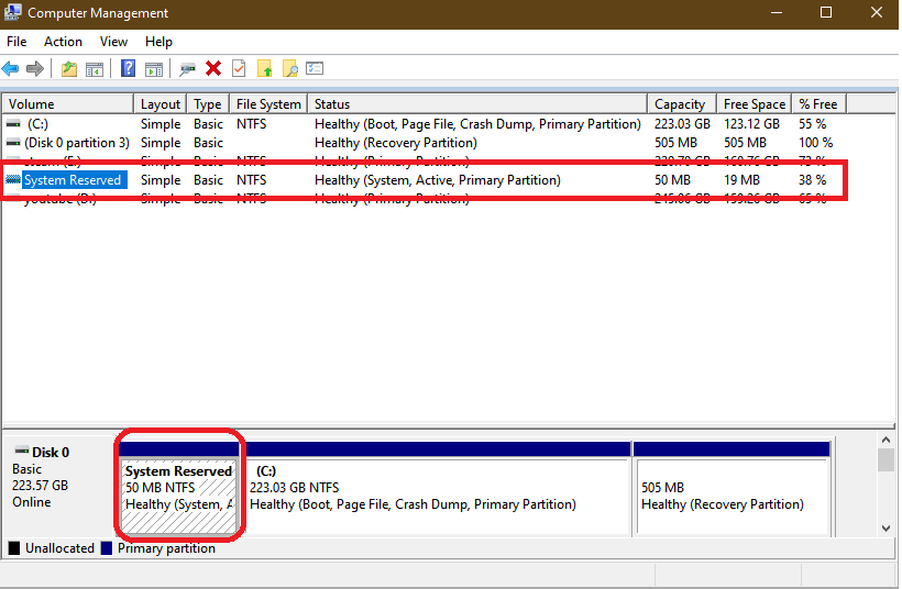 system reserved windows 10